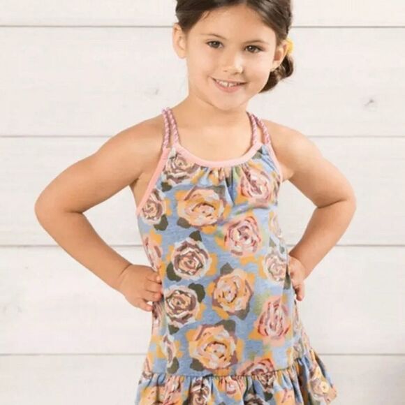 Matilda Jane Twister Tank Gray Blue Floral Roses Ruffle Tunic Top Size 10 - Picture 1 of 9